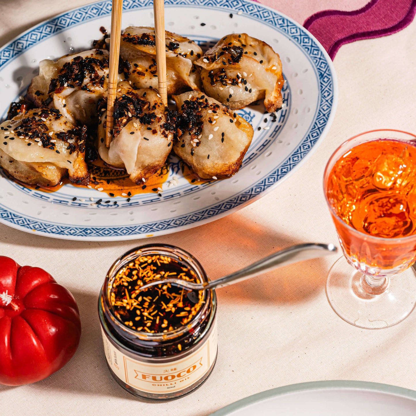 Fuoco crispy chilli oil 190ml lots of jars opened and tasty dumplings with chilli oil