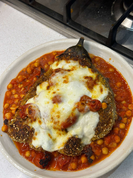 Crispy Aubergine Schnitzel with Chickpea Stew